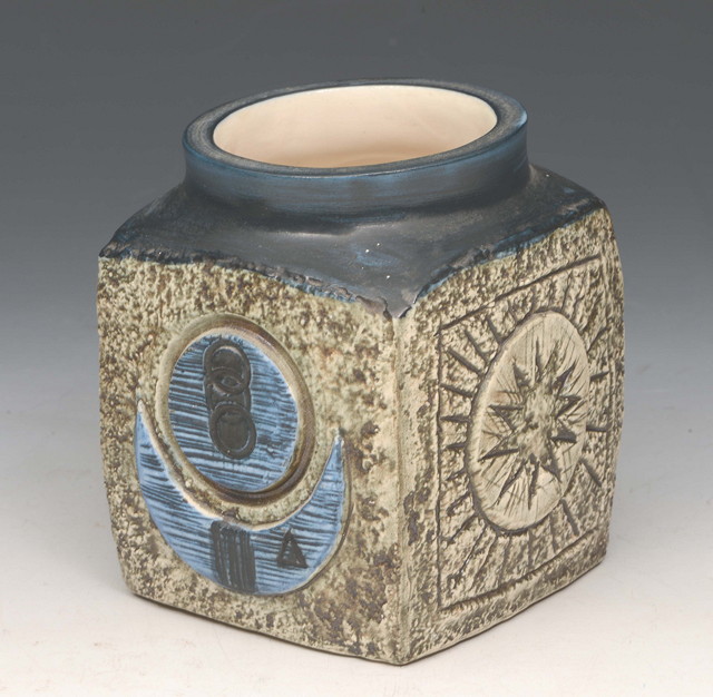 Appraisal: A Troika marmalade pot of square form with geometric designs