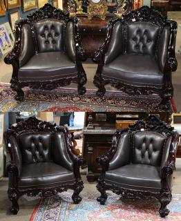 Appraisal: Lot of Rococo style leather tufted and ebonized mahogany club