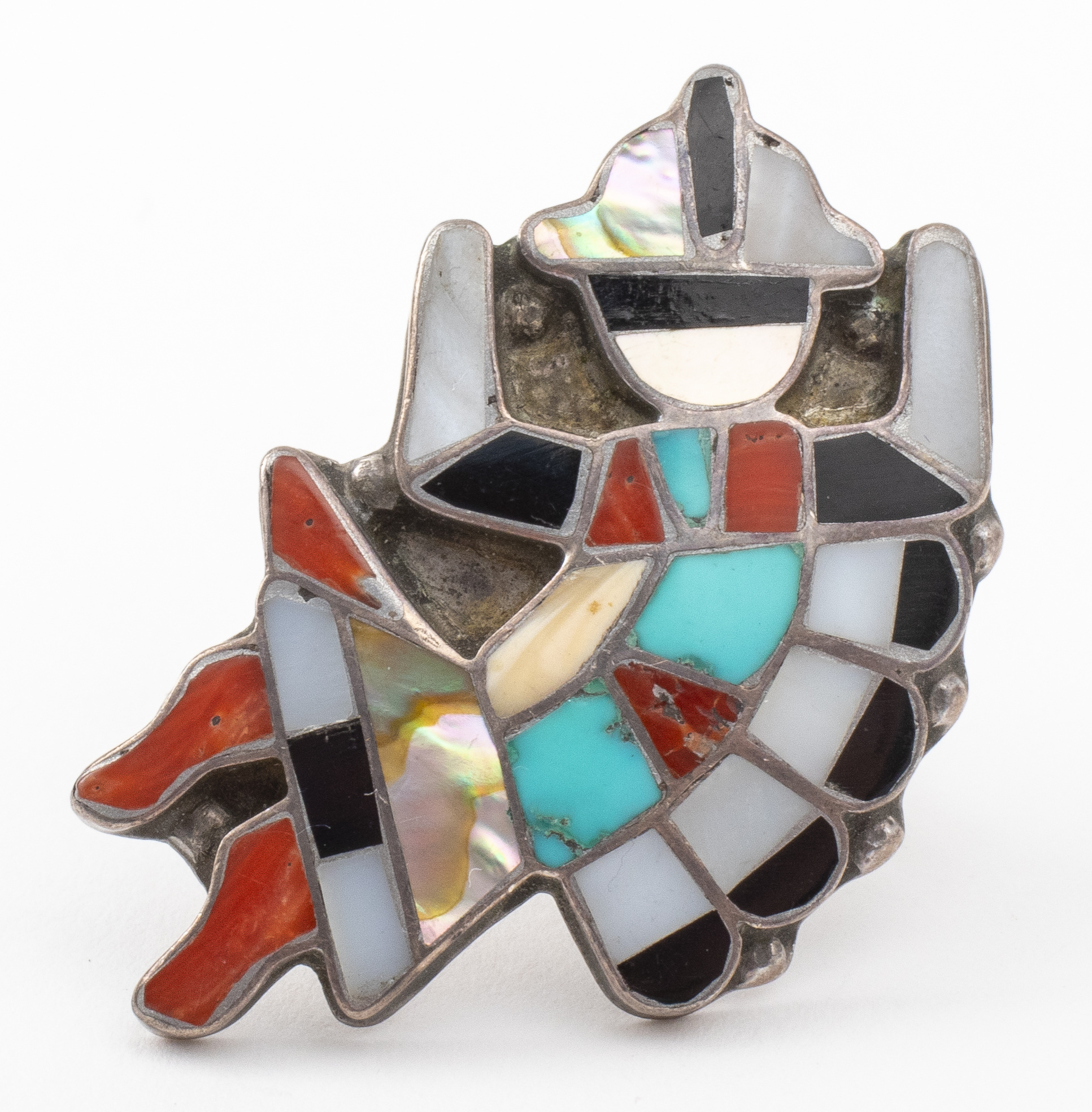 Appraisal: ZUNI SILVER MULTI-STONE INLAY DANCING MAN RING Native American Zuni