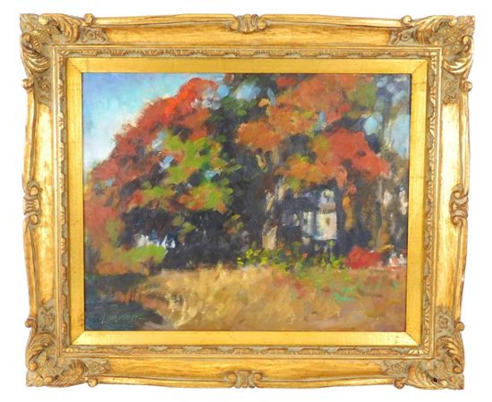 Appraisal: Bernard Lennon Connecticut - oil on masonite depicts stylized autumnal