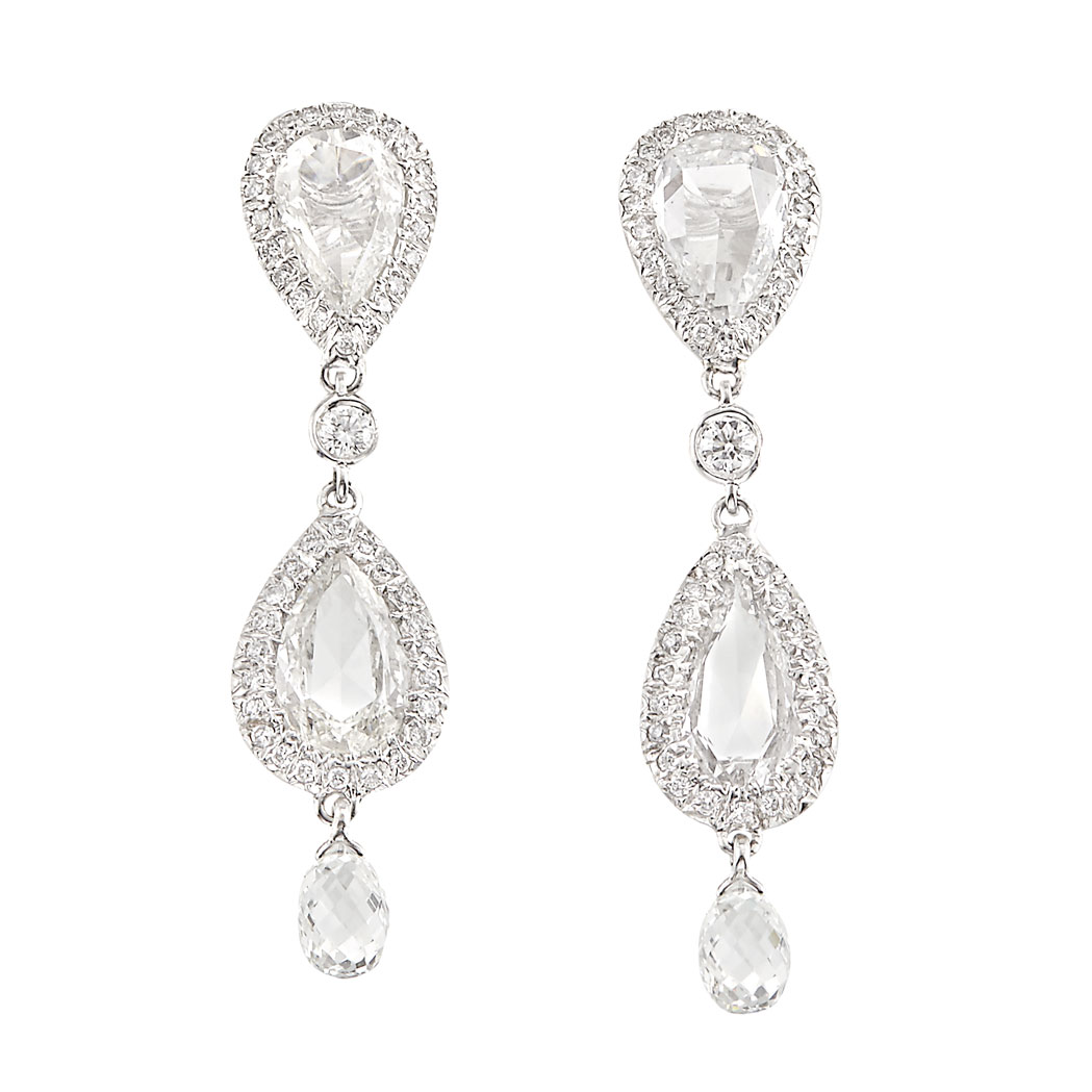 Appraisal: Pair of Platinum White Gold Diamond and Diamond Briolette Pendant-Earclips