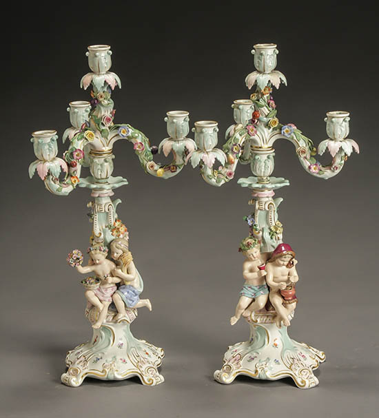 Appraisal: Pair of Meissen 'Four Seasons' Convertible Four-Light Candelabra Circa Each