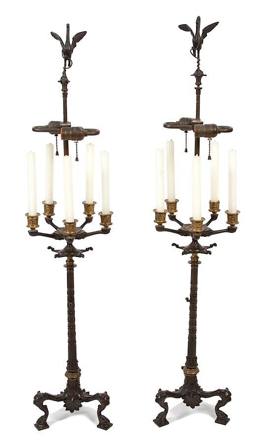 Appraisal: A Pair of Neoclassical Bronze and Gilt Bronze Five-Light Candelabra