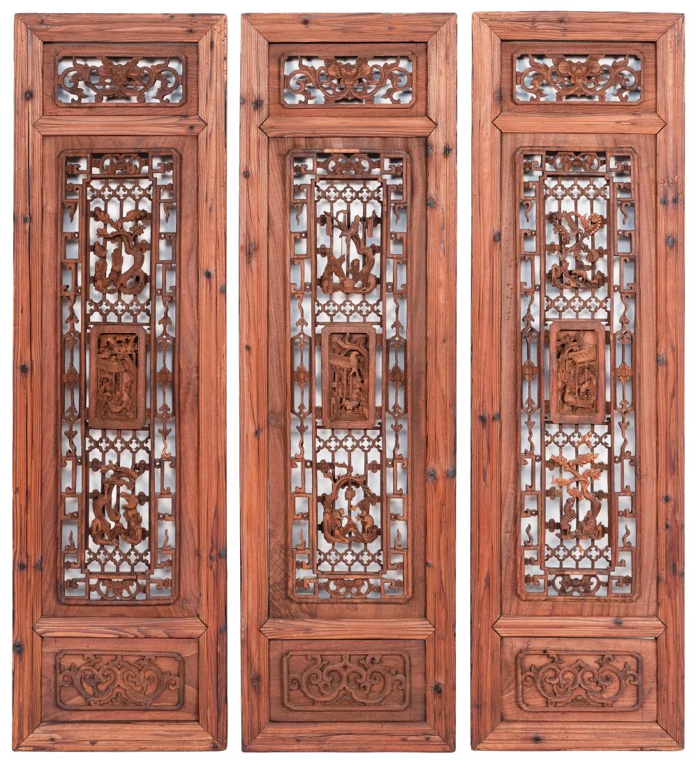 Appraisal: THREE CHINESE OPEN-CARVED WOODEN WINDOW SCREENS LATE TH CENTURY HEIGHTS