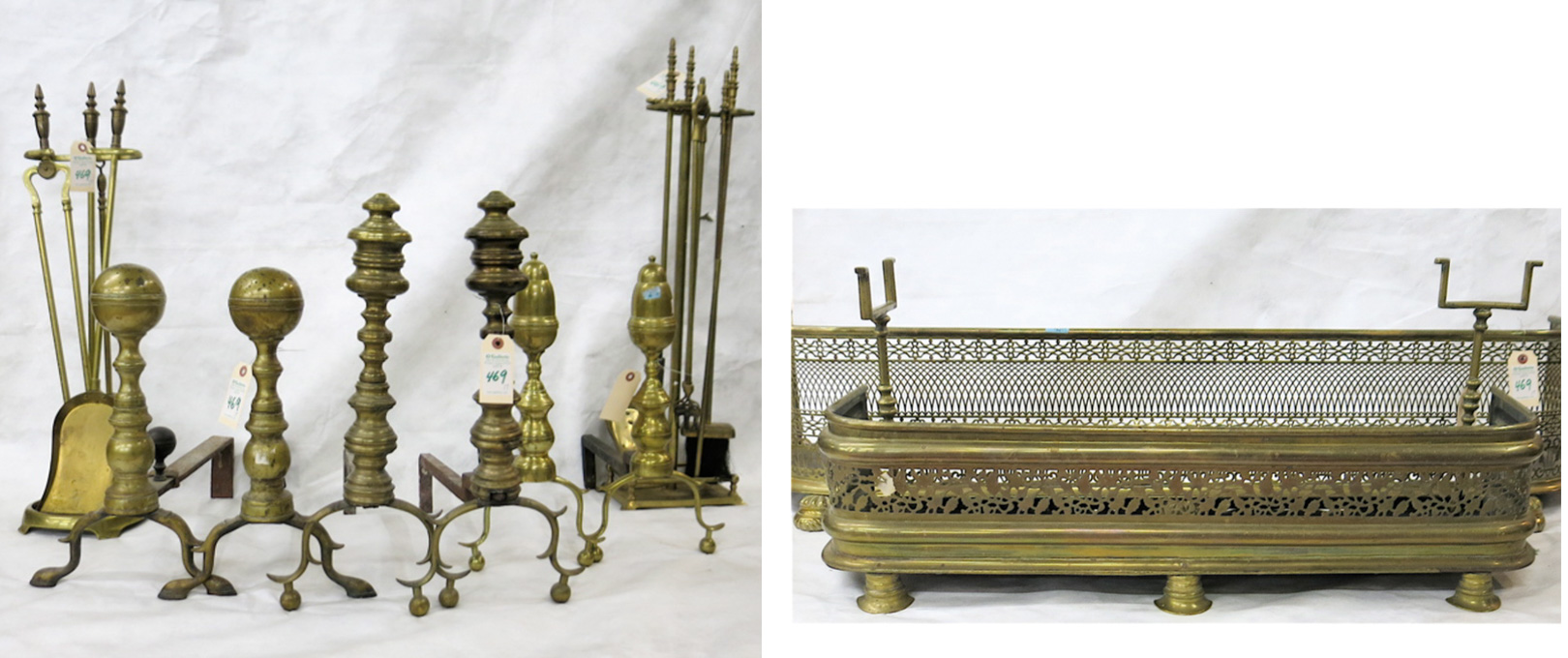 Appraisal: BRASS FIREPLACE HEARTH ACCESSORY COLLECTION pierced fireplace curbs andiron pairs