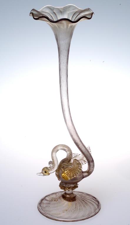 Appraisal: VENETIAN GLASS TRUMPET-FORM SWAN VASE late th th century with