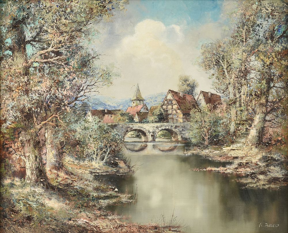 Appraisal: WILLI BAUER German b A PAINTING Roman Bridge by the