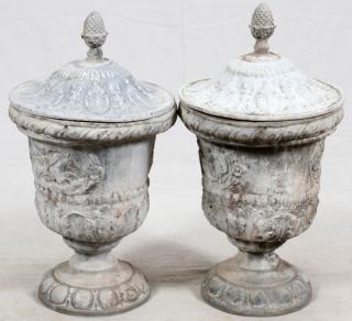 Appraisal: FRENCH VINTAGE LEAD COVERED GARDEN URNS C PAIR FRENCH VINTAGE