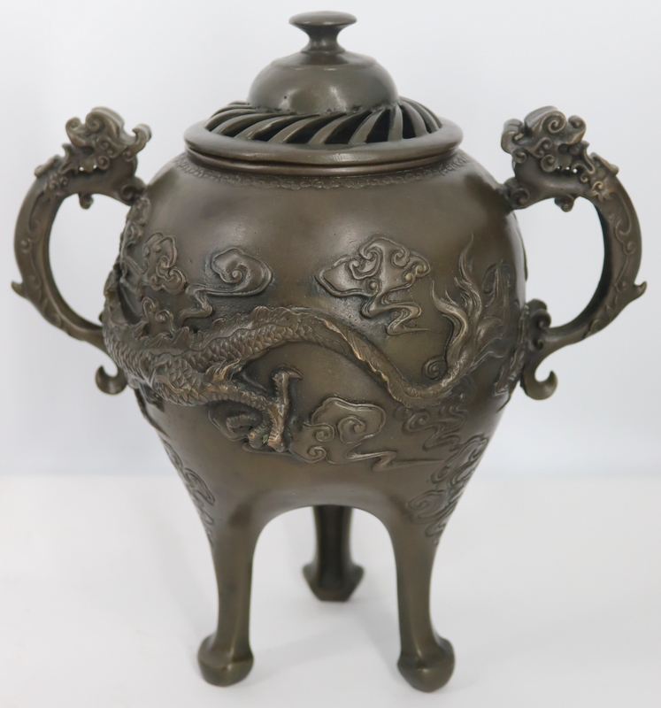 Appraisal: SIGNED CHINESE BRONZE CENSER WITH DRAGON Signed Chinese bronze three