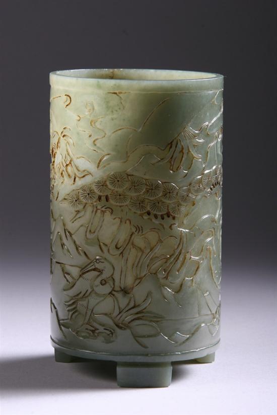 Appraisal: CHINESE CELADON JADE BRUSH HOLDER BITONG Qianlong seal mark Landscape