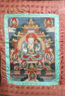 Appraisal: th c Tibetan Thangka painting on paper backe dwith silk