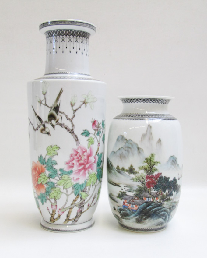 Appraisal: PAIR OF CHINESE REPUBLIC PORCELAIN POET VASES each white bodied