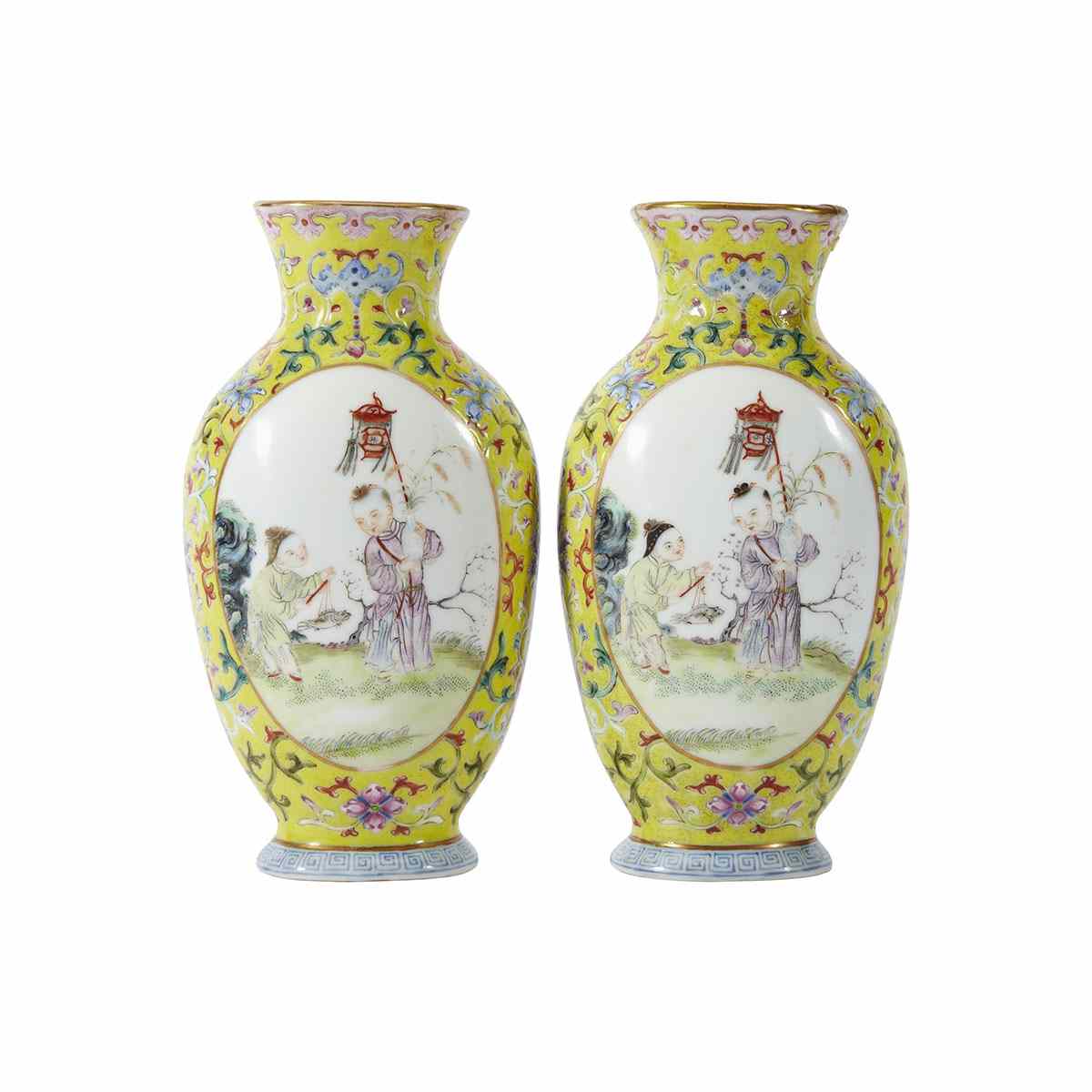 Appraisal: Pair of Famille Rose Boys T Vases Qianlong Mark and