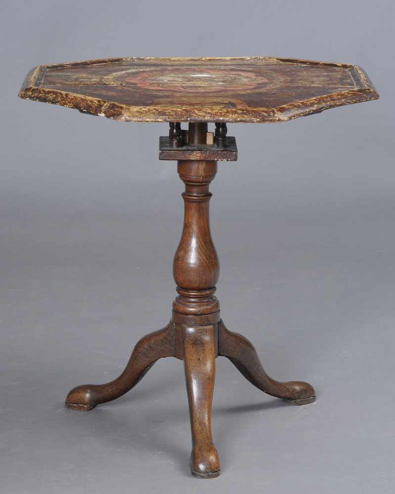 Appraisal: DUTCH OCTAGONAL PAINTED TOP OAK TRIPOD TABLE The tilt-top with