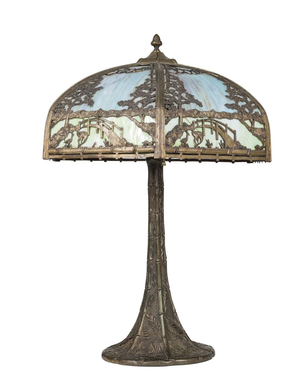 Appraisal: American Slag Glass and Bronzed Metal Scenic Overlay Table Lamp