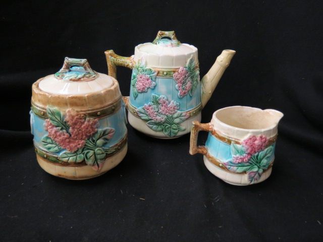 Appraisal: Majolica Pottery Tea Set floral on picket fence teapot