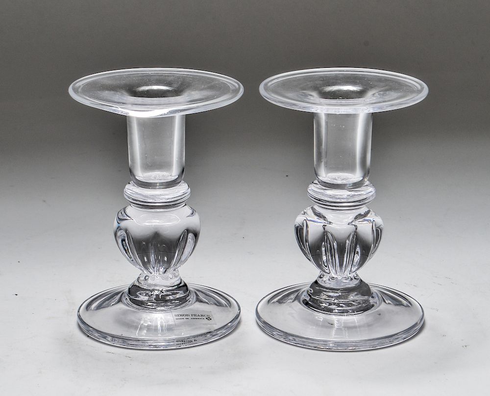 Appraisal: Simon Pearce Colorless Art Glass Candlesticks Pr Pair of Simon