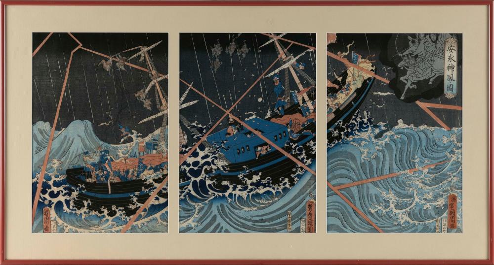 Appraisal: TOYOHARA KUNICHIKA JAPAN - SINKING MONGOLIAN SHIP TRIPTYCH WOODBLOCK PRINTS