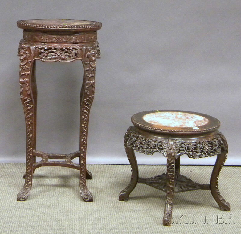 Appraisal: Two Chinese Export Marble-inset Carved Hardwood Stands ht top dia