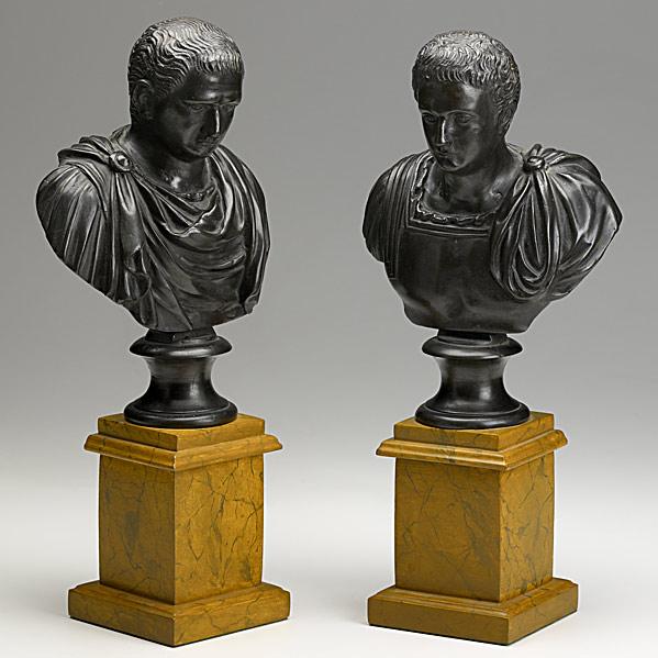 Appraisal: PAIR OF BRONZE BUSTSRoman type figures on wood bases th