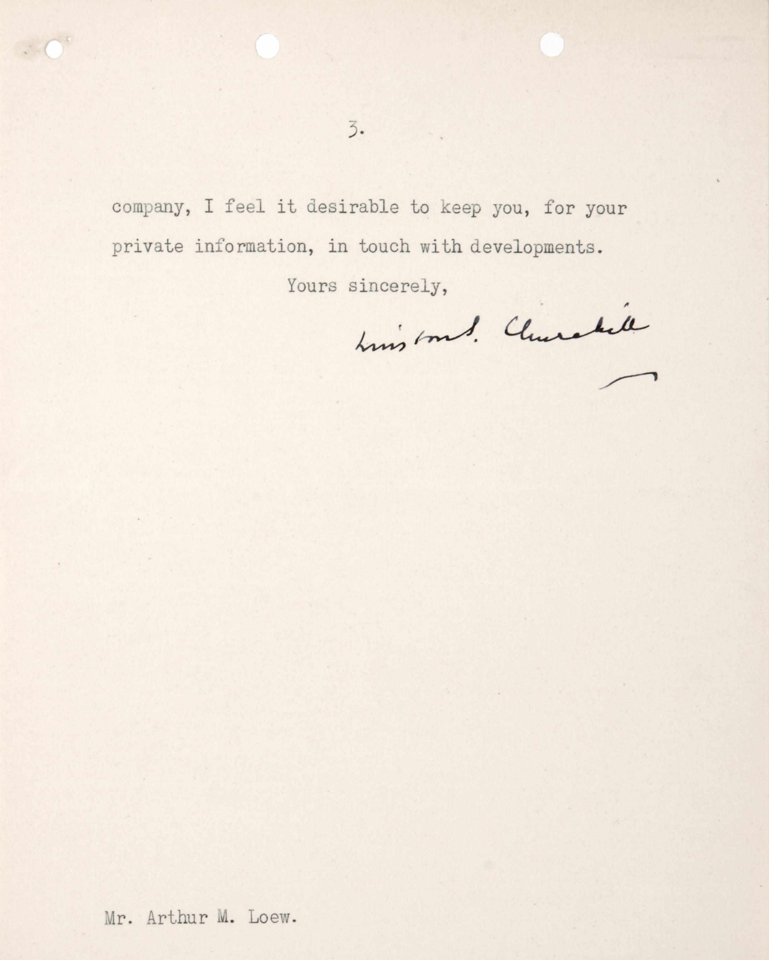 Appraisal: CHURCHILL WINSTON S - Typed Letter Signed ''Winston S Churchill''