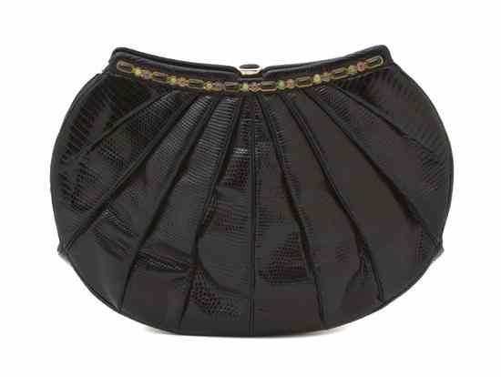 Appraisal: A Judith Leiber Black Lizardskin Bag in a pleated crescent