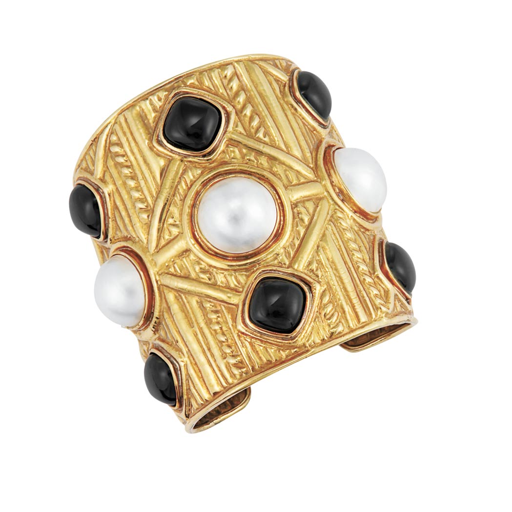 Appraisal: Wide Gold Mabe Pearl and Black Onyx Cuff Bangle Bracelet