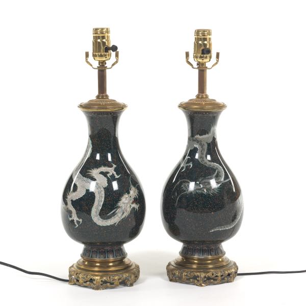 Appraisal: PAIR OF JAPANESE CLOISONN DRAGON VASE LAMPS overall height -