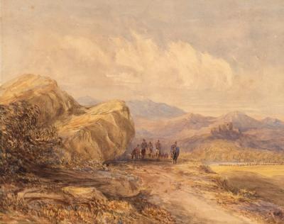 Appraisal: Attributed to David Cox Riders in a Rocky Landscape watercolour