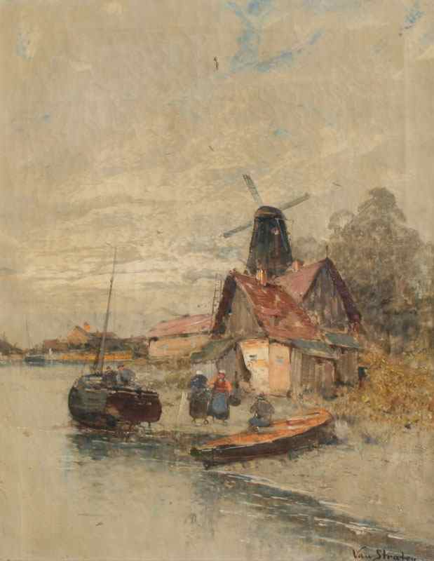 Appraisal: DUTCH LIFE ON THE RIVER DEPICTING FIGURES BOATS AND WINDMILLS