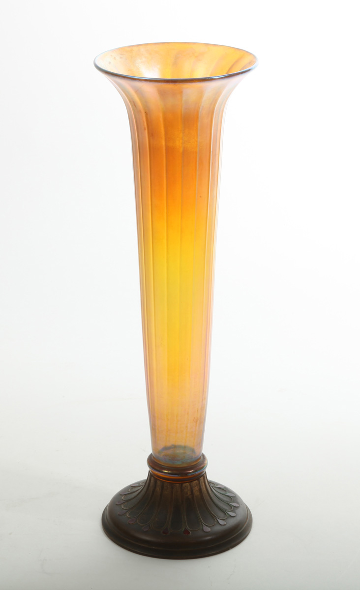 Appraisal: LOUIS C TIFFANY FURNACES INC BRONZE-FOOTED RIBBED GLASS VASE Numbered