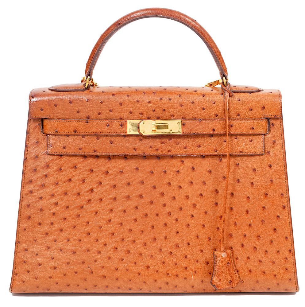 Appraisal: Hermes Kelly Ostrich Handbag Gold Hardware Hermes Kelly Ostrich Handbag