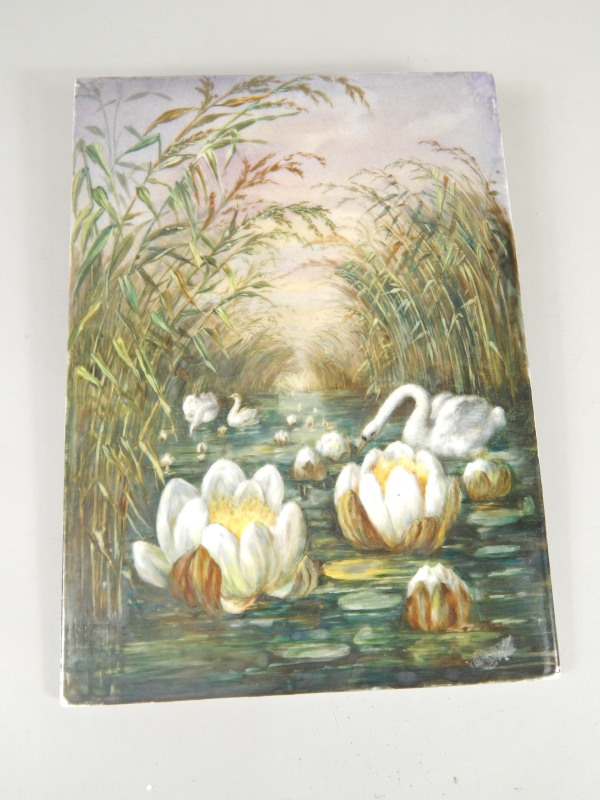 Appraisal: A late thC porcelain plaque painted with swans rushes lilies