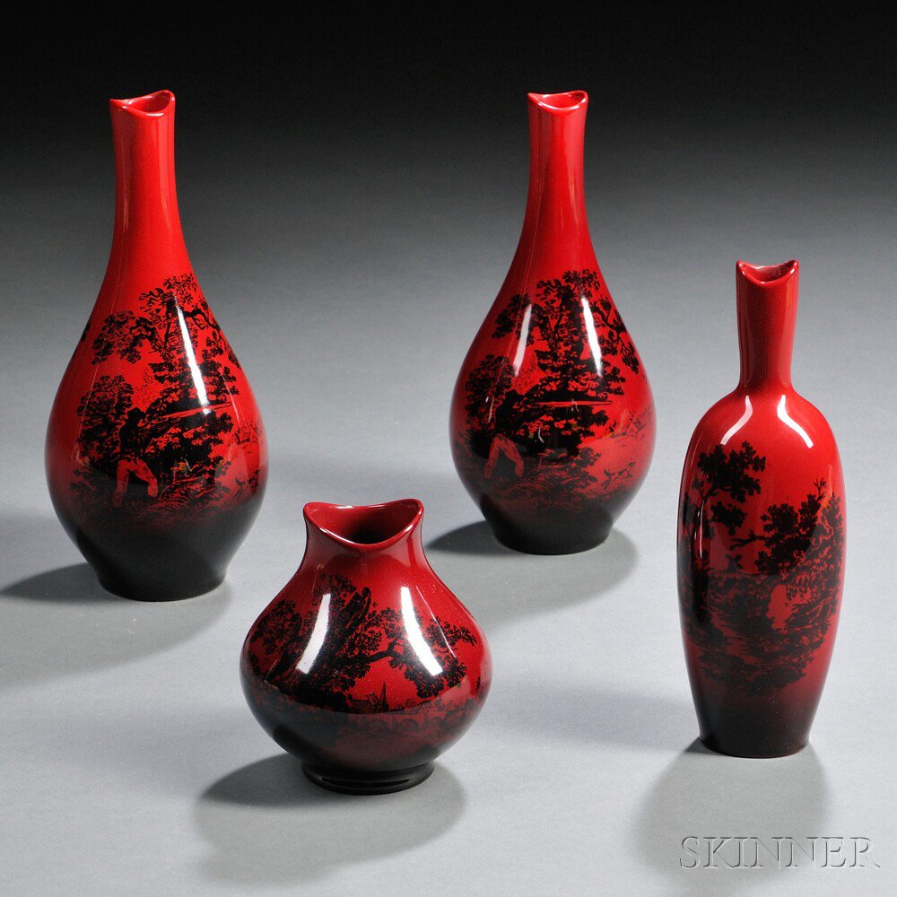 Appraisal: Four Royal Doulton Flambe Woodcut Vases England th century shape