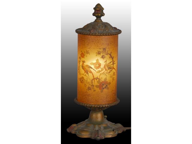 Appraisal: Pair of Victorian Glass and Bronze Lamps Description Depicting tropical