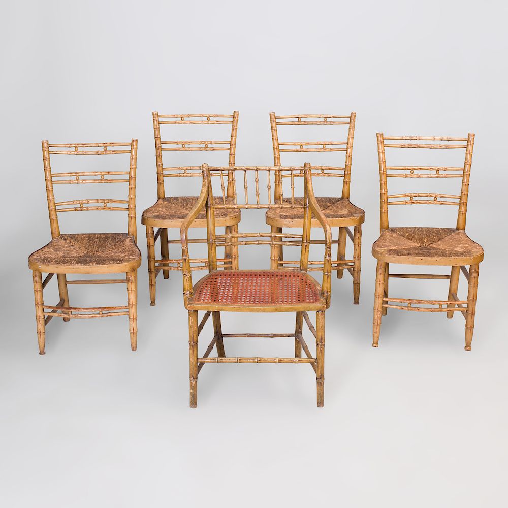 Appraisal: Four Regency Style Faux Bamboo Painted Chairs and a Regency