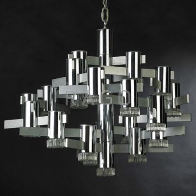 Appraisal: GAETANO SCIOLARI LIGHTOLIER Chandelier Italy s Chromed steel brushed aluminum