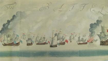 Appraisal: pieces Color Lithographs of Naval Battles Laid down on canvas