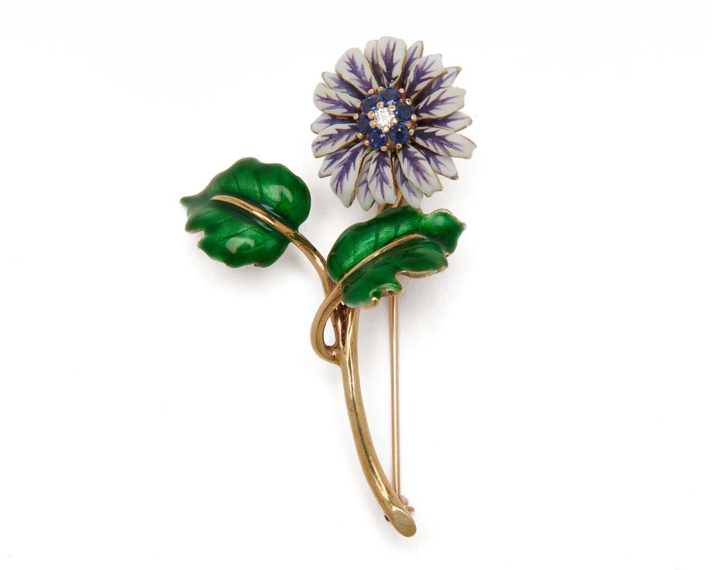 Appraisal: CARTIER K Gold Enamel Sapphire and Diamond Brooch the floral-form