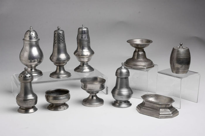 Appraisal: GROUP OF ENGLISH PEWTER CASTERS AND OPEN SALTS MOST LATE