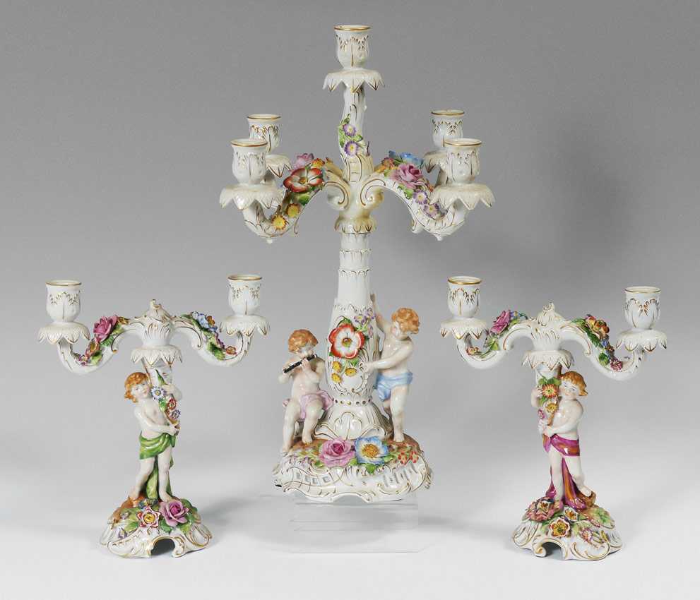 Appraisal: SCHIERHOLZ GERMAN PORCELAIN CANDELABRA AND SIDE LIGHTS A five light