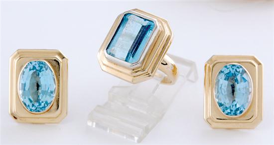 Appraisal: Blue topaz ring and earring set ring centered by emerald-cut