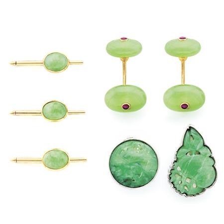 Appraisal: Pair of Green Hardstone and Cabochon Ruby Cufflinks Boucheron and