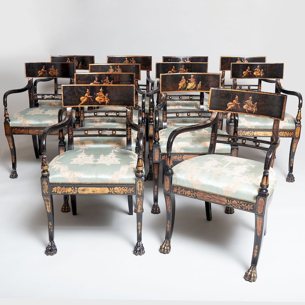 Appraisal: Set of Twelve Regency Style Black Lacquer and Parcel-Gilt Dining