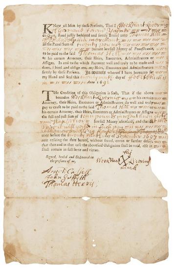 Appraisal: BRADFORD William printer Partly-printed loan certificate accomplished in manuscript binding