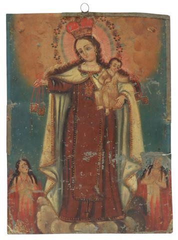 Appraisal: Unframed oil on tin retablo Nuestra Senora del Monte Carmelo