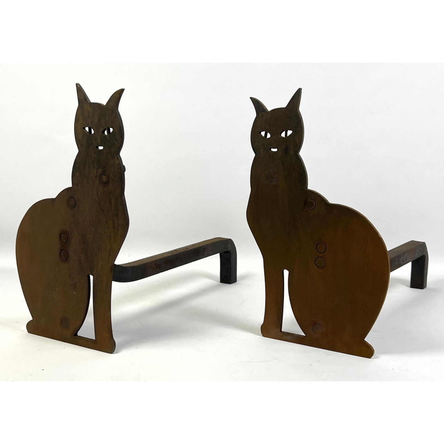 Appraisal: Pair Cut Steel Cat Andirons Fire Log Holders Seated Kitty