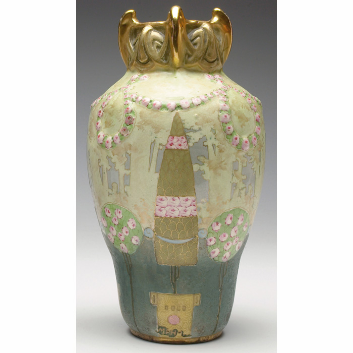 Appraisal: Amphora vase bulbous shape with a painted landscape and rose