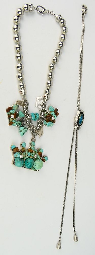 Appraisal: SOUTHWESTERN SILVER TURQUOISE NECKLACES Long Bolo with silver turquoise and