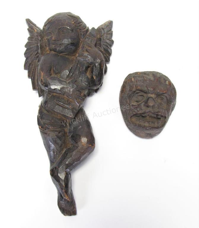 Appraisal: Wood Carved Angel and Gargoyle Wall Sconce antique carved wall